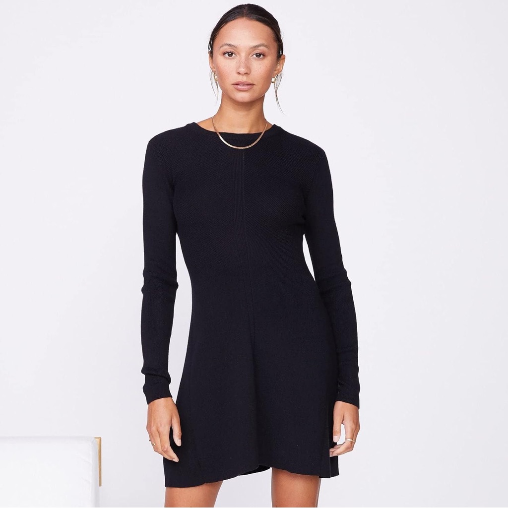 Nwt Monrow Black Cotton Cashmere Long Sleeve Fit & Flare Knit Mini Sweater Dress